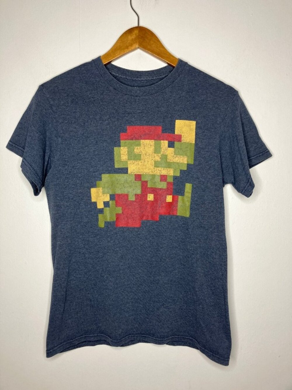 Super Mario Bros Pixel Art T-Shirt Men's Size S Blue Nintendo Graphic Tee